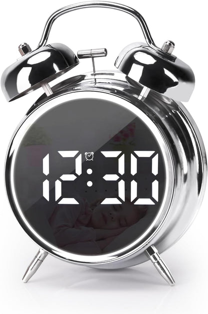 Digital Small Alarm Clock, 4.5 Inch Double Bell Electronic LED Alarm Clock, Plug in or Battery Operated Silent Metal Table Clock, Modern Loud Bedside Clock for Heavy Sleepers Adults Kids (Black)