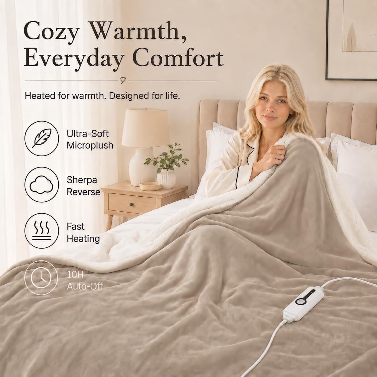 Electric Heated Blanket Full Size 72"x84" – Light Gray | ETL for Safe Overnight, 4 Heat Settings & 10H Auto Off, Dual-Sided Microplush Sherpa for Home Night, Machine washable
