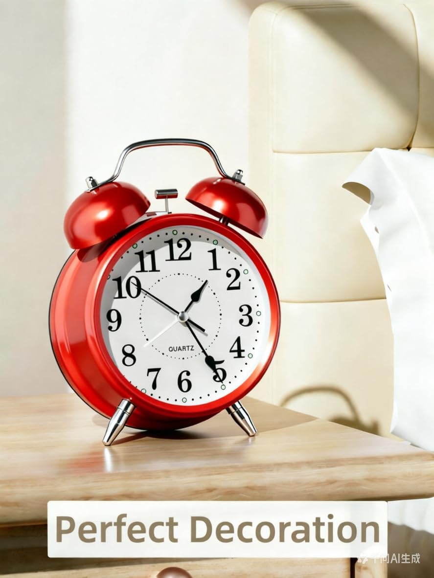 4 Inches Analog Alarm Clocks Retro Backlight Cute Simple Design with Night Light Silent Non-Ticking Battery Operated [Red]