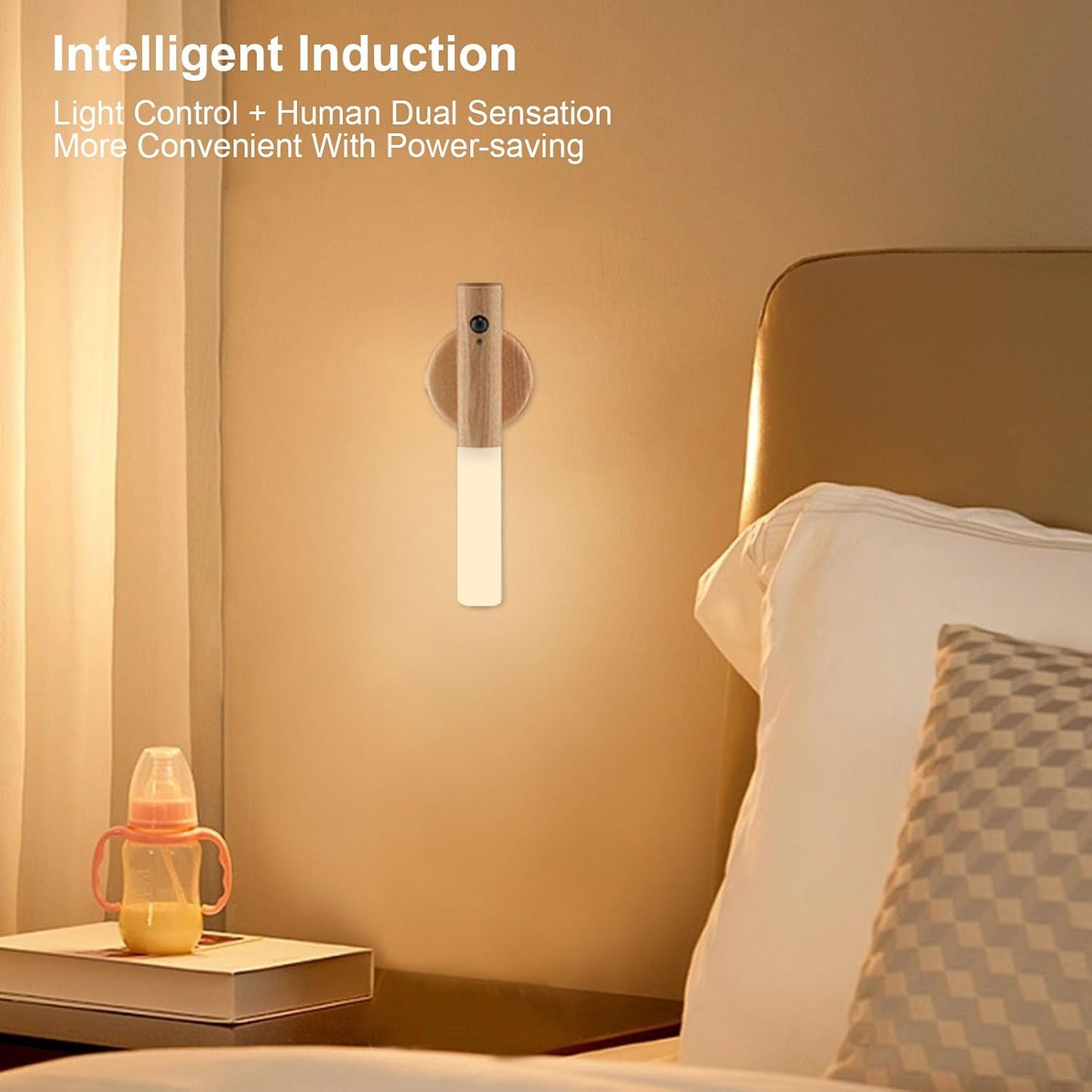 LANDGOO LED Magnetic Wall Sconces Lights Automatic Motion Sensor Wireless Wall Mounted Lamp Rechargeable Battery Operated Indoor 360° Rotation for Bedroom Living Room (Black Walnut Wood 1PC)