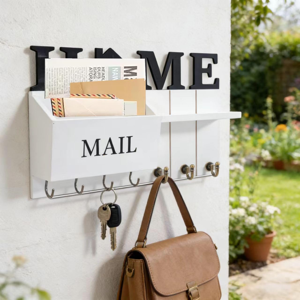 Rustic Wall Key Holder with Shelf & Hooks - Mail Organizer for Entryway | Wooden Key Rack for Keys, Coats, Dog Leash - Brown