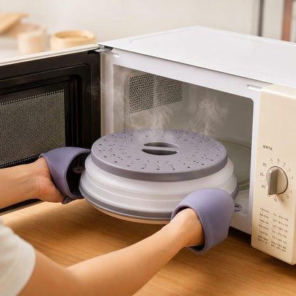 3-in-1 Collapsible Silicone Microwave Splatter Cover, BPA-Free Vented Microwave Cover for Food with 2 Mini Silicone Oven Mitts, Dishwasher Safe, Heat Resistant,Fits Plates Up to 10.5 Inches