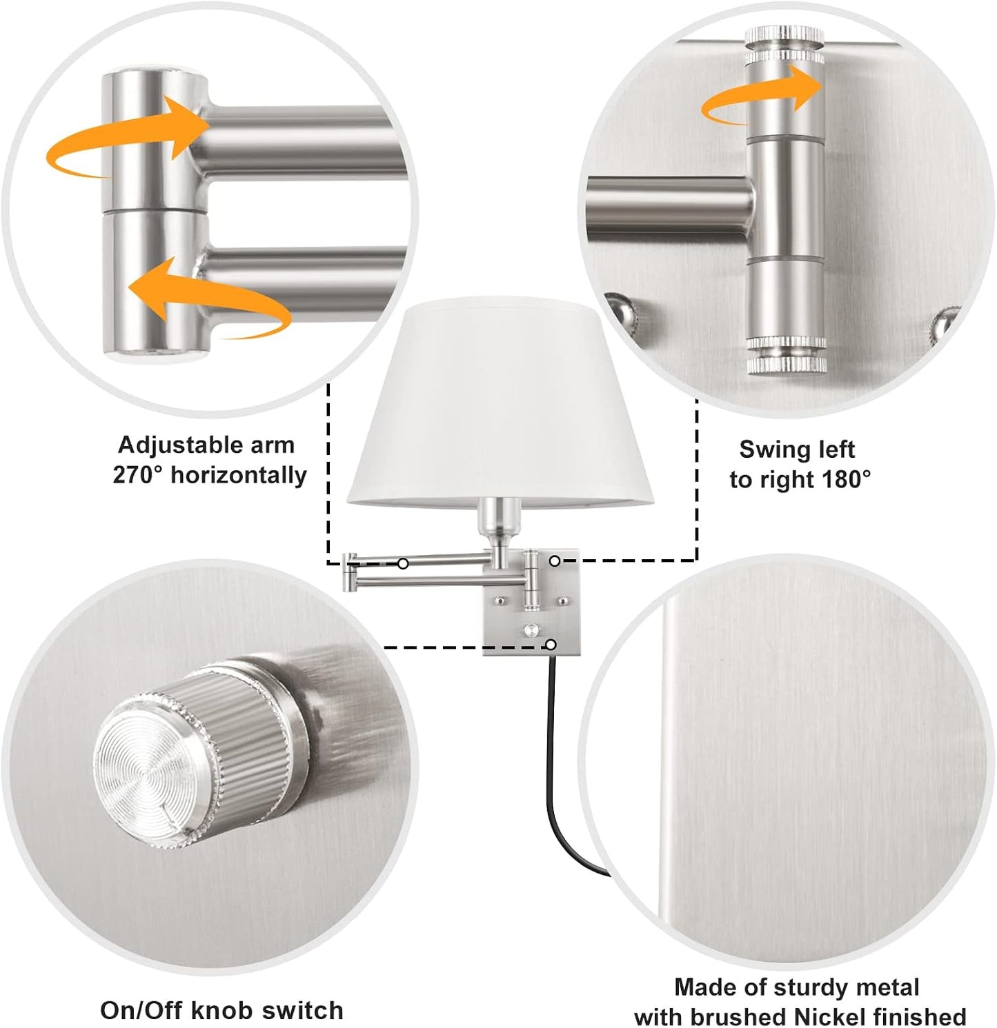 TRLIFE Wall Sconce Plug in, Dimmable Wall Sconces Set of Two Swing Arm Wall Lights with Plug in Cord and On/Off Dimmer Rotary Switch, 9.4" Medium Beige Fabric Shade(2 Pack, 2 Bulbs)