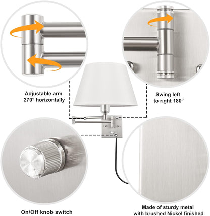 TRLIFE Wall Sconce Plug in, Dimmable Wall Sconces Set of Two Swing Arm Wall Lights with Plug in Cord and On/Off Dimmer Rotary Switch, 9.4" Medium Beige Fabric Shade(2 Pack, 2 Bulbs)