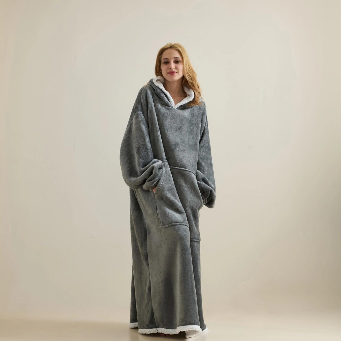 Wearable Blanket Sweatshirt, Warm and Cozy Giant Blanket Hoodie | Gifts for Women and Men - thick Flannel Blankets with Sleeves and Giant Pocket - Light Grey