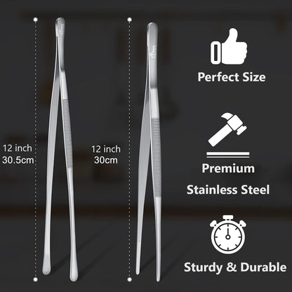 HOTEC Kitchen Tweezers Tongs Stainless Steel, Set of 6 - Professional Cooking Tweezers for Cooking, Chefs, BBQ, Seafood, Baking & Repair