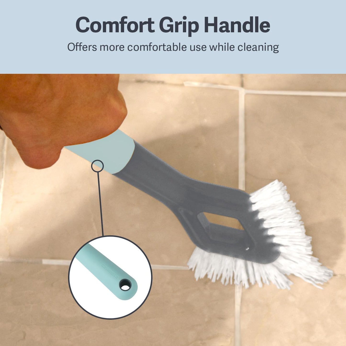 Casabella Smart Scrub Heavy-Duty Tile and Grout Brush for Tile Joints, Grout Cleaner Brush with Nonslip Handle, Gray/Aqua