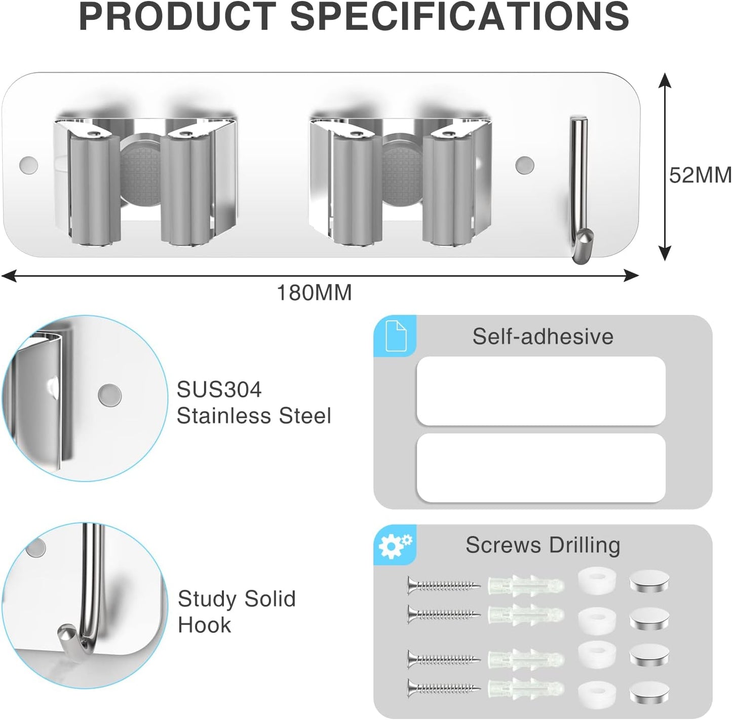 homeasy Wall Mount Mop and Broom Holder, Heavy Duty Stainless Steel Organizer Rack with Hooks | 2-Pack, 2-in-1 No Drill & Screw Installation, Silver