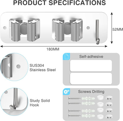 homeasy Wall Mount Mop and Broom Holder, Heavy Duty Stainless Steel Organizer Rack with Hooks | 2-Pack, 2-in-1 No Drill & Screw Installation, Silver