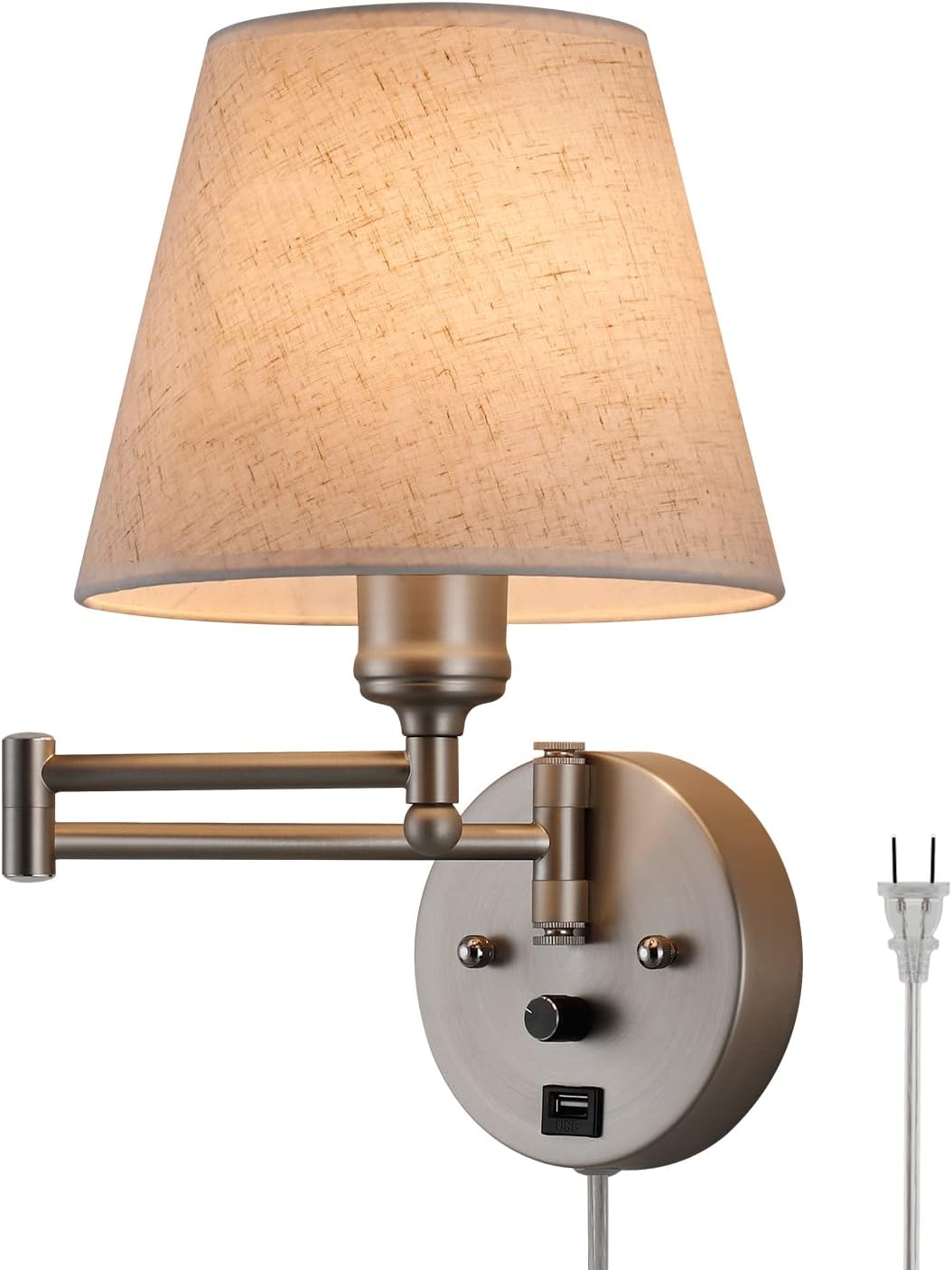 Swing Arm Wall Lamp Plug in Wall Sconces Adjustable Vintage Industrial Reading Light Bedside Wall Mount Light with Dimmable Switch and USB Port Black