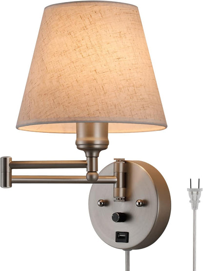 Swing Arm Wall Lamp Plug in Wall Sconces Adjustable Vintage Industrial Reading Light Bedside Wall Mount Light with Dimmable Switch and USB Port Black