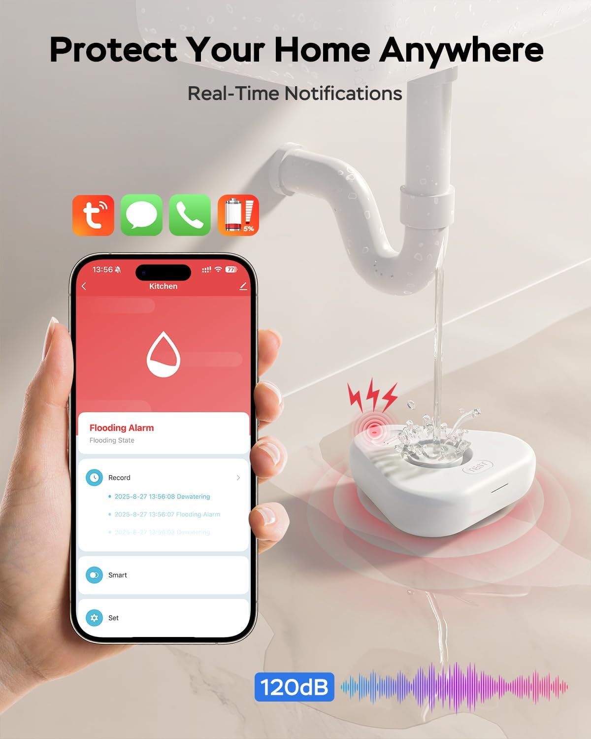 Water Alarm Leak Detector,Water Leak Detectors for Home with App Alerts,Water Sensor Alarm Leak Detector with 120db Adjustable,500ft Transmission for Basement,Bathroom,No Hub Required (Support 2.4G)
