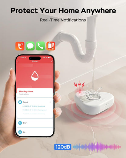 Water Alarm Leak Detector,Water Leak Detectors for Home with App Alerts,Water Sensor Alarm Leak Detector with 120db Adjustable,500ft Transmission for Basement,Bathroom,No Hub Required (Support 2.4G)