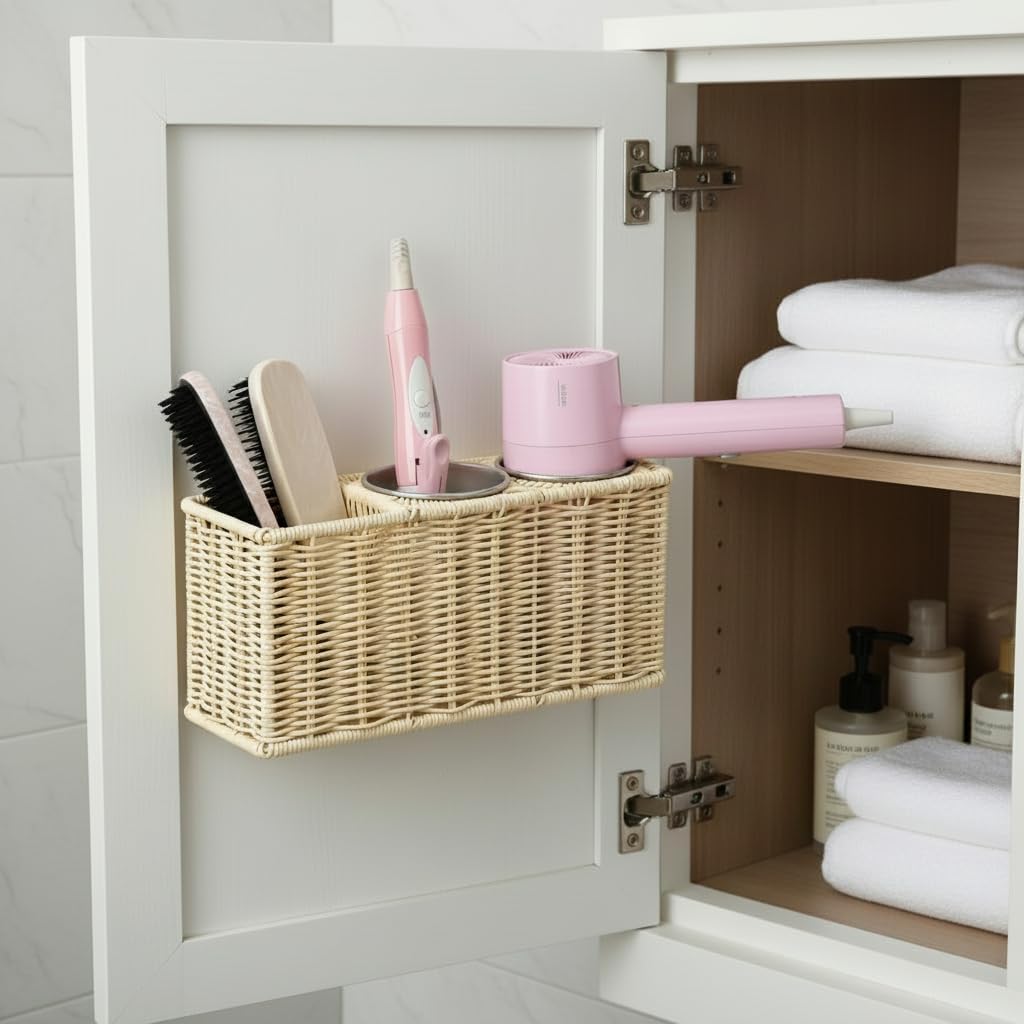 Hair Tool Organizer,Wall Mount Curling Iron Holder,Waterproof Wicker Hot Tools Organizer for Hair Dryer,Flat Irons,Curling Wands,Straighteners Storage,in Cabinet,Bathroom,Vanity (Nature)