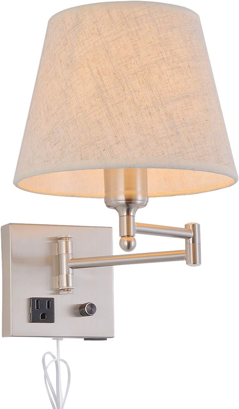 Bedside Wall Mount Light with Dimmable Switch and Outlet, Swing Arm Fabric Shade Wall Sconce Light with USB Port and Plug in Cord, Black Wall Lamp for Bedroom, Living Room and Hotel