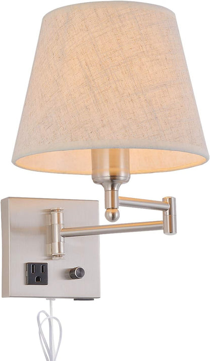 Bedside Wall Mount Light with Dimmable Switch and Outlet, Swing Arm Fabric Shade Wall Sconce Light with USB Port and Plug in Cord, Black Wall Lamp for Bedroom, Living Room and Hotel