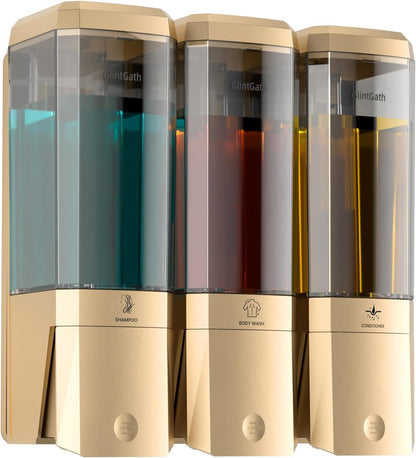 Shampoo and Conditioner Dispenser,Shower Dispenser 3 Chamber No Drill Shampoo Dispenser for Shower Wall Mounted Shower Soap Dispenser for Bathroom Hotel,Large Capacity 3 * 500ML,Gold