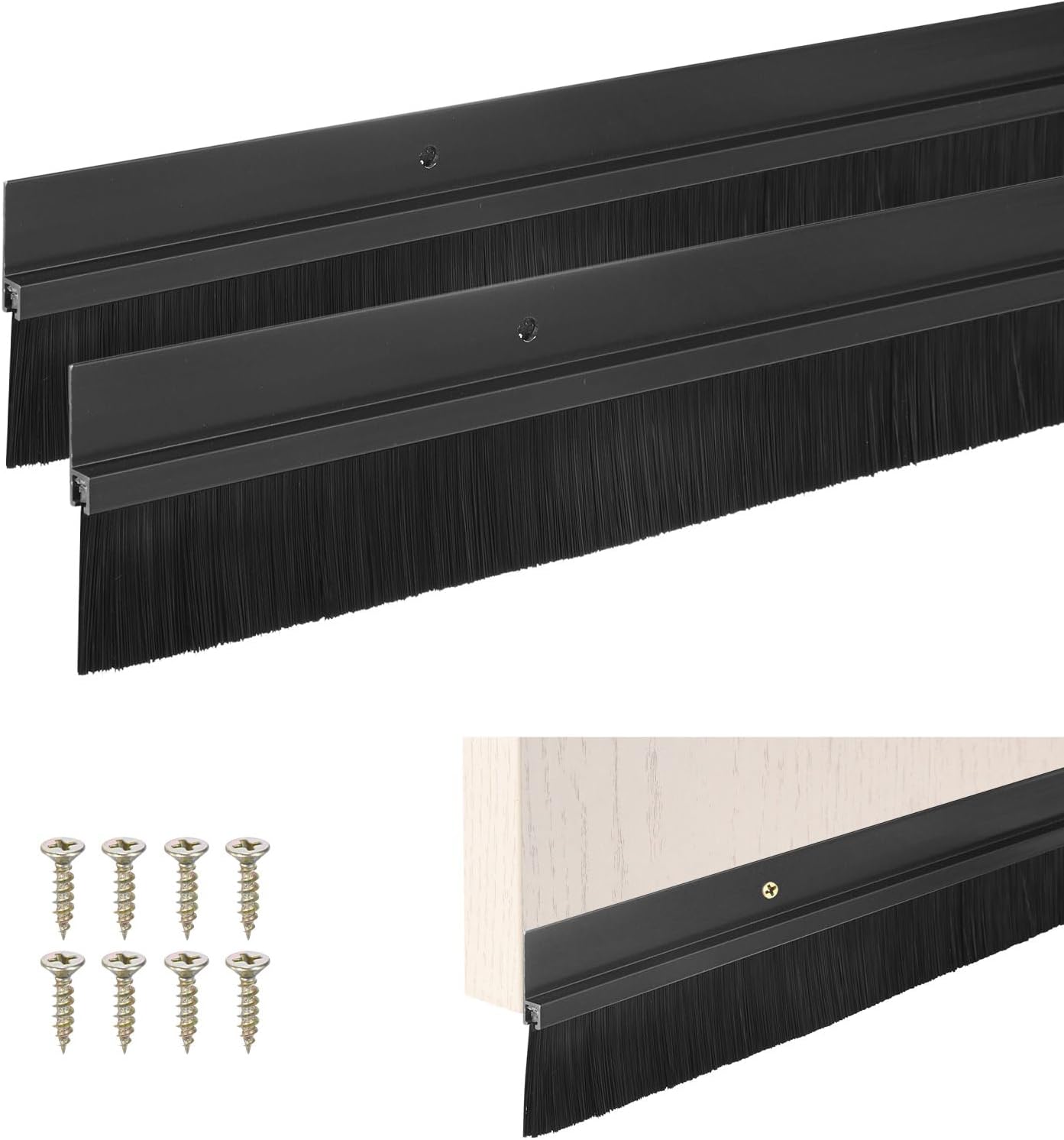 M METERXITY 2Pack Door Sweep - 39" Door Bottom Brush Heavy Duty Seal Draft Stopper Aluminum Base with 20mm Brush, Adhesive/Screw Installation for Interior/Exterior/Garage/Sliding Doors, Black