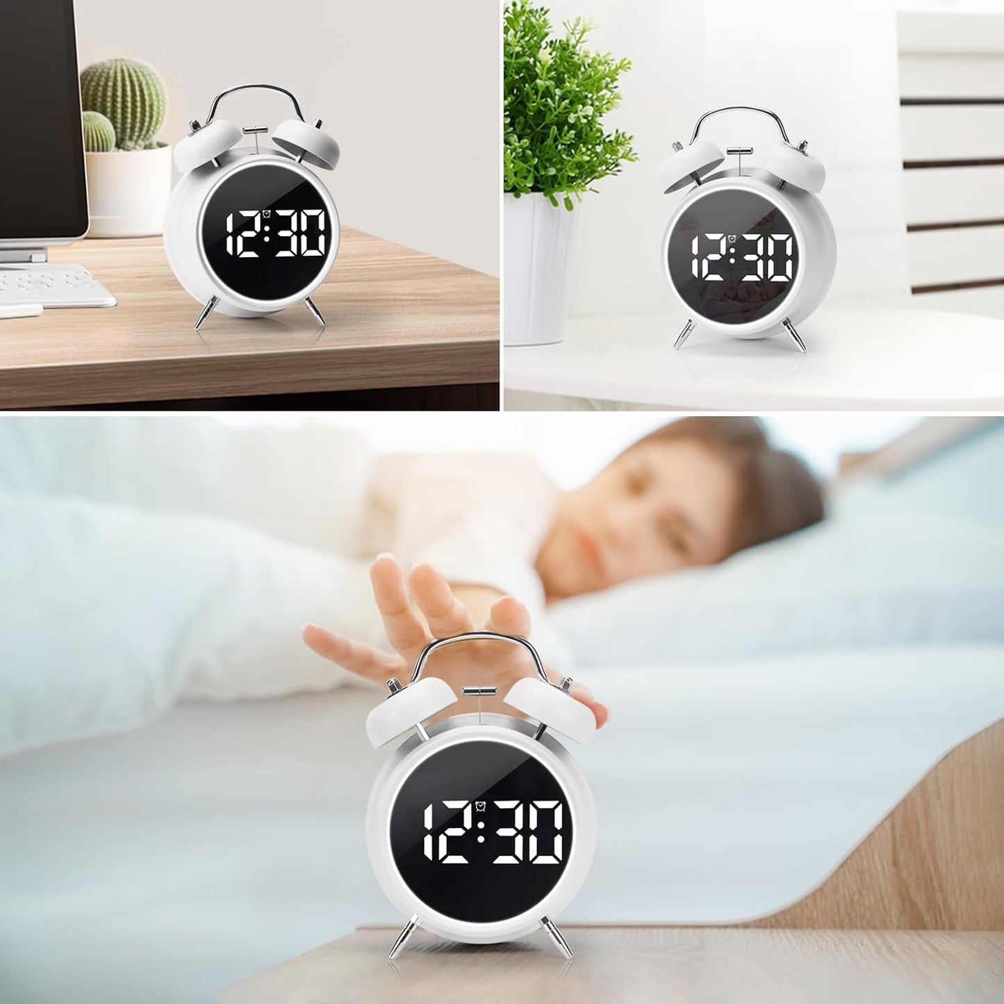 Digital Small Alarm Clock, 4.5 Inch Double Bell Electronic LED Alarm Clock, Plug in or Battery Operated Silent Metal Table Clock, Modern Loud Bedside Clock for Heavy Sleepers Adults Kids (Black)