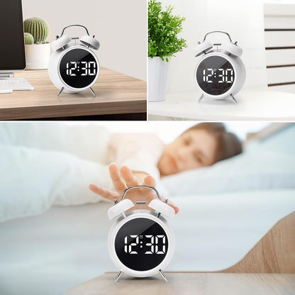 Digital Small Alarm Clock, 4.5 Inch Double Bell Electronic LED Alarm Clock, Plug in or Battery Operated Silent Metal Table Clock, Modern Loud Bedside Clock for Heavy Sleepers Adults Kids (Black)