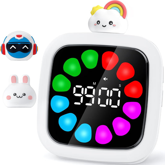 Yunbaoit Digital Visual Timer for Kids, 99-Minute Countdown, Rechargeable | 19 Music Alarm, Pause Function, 9 Optional DIY Color Planet Display, Robot Doll, for Study, Homeschool, Kitchen