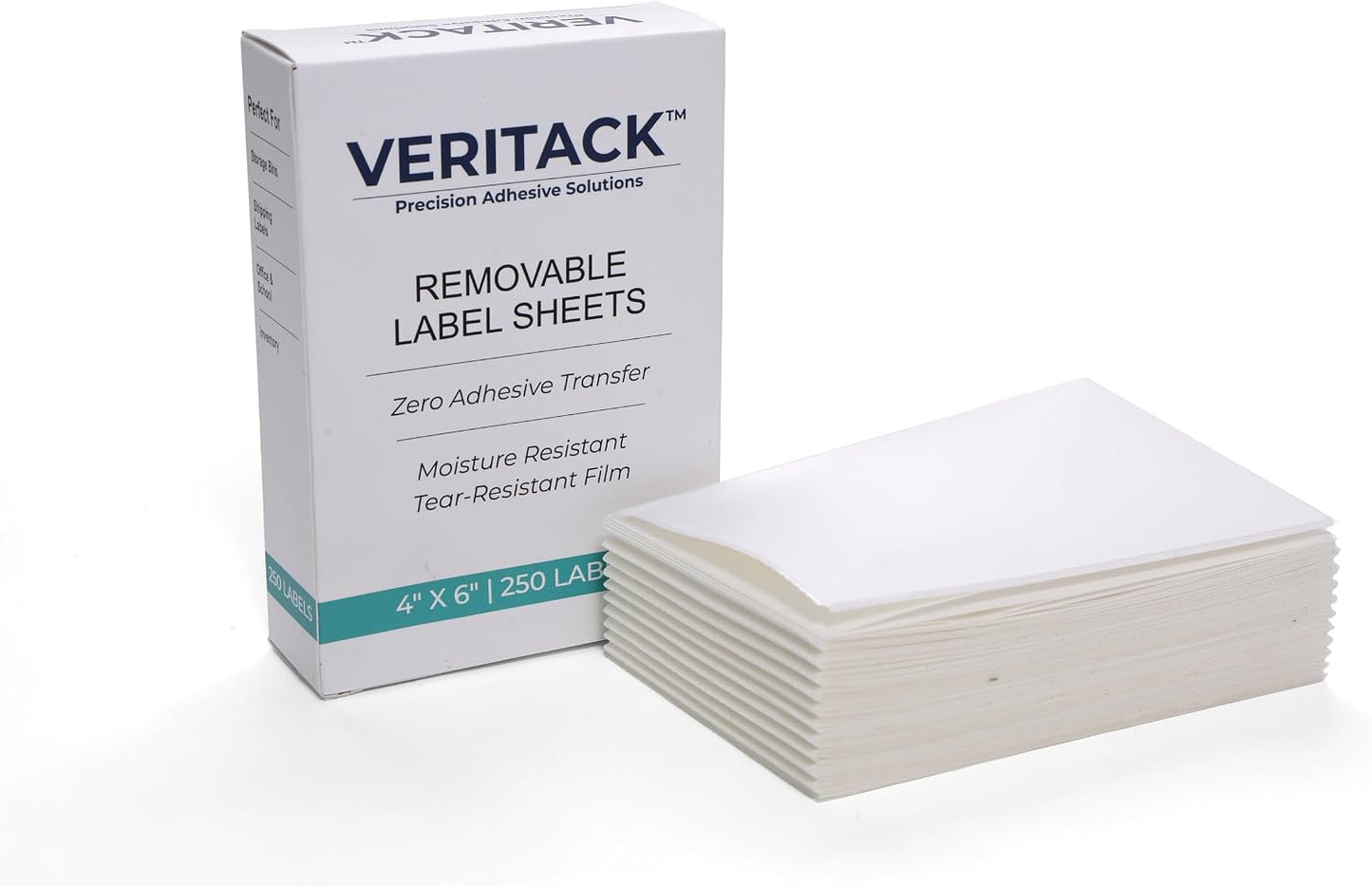 Veritack™ 250, 4" x 6" Large Removable Labels – Writable Sheet Stickers for Bins, Containers & Food Storage – Moisture Resistant – Freezer & Refrigerator Safe – Clean Removal (250 Individual Sheets)