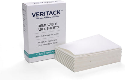 Veritack™ 250, 4" x 6" Large Removable Labels – Writable Sheet Stickers for Bins, Containers & Food Storage – Moisture Resistant – Freezer & Refrigerator Safe – Clean Removal (250 Individual Sheets)