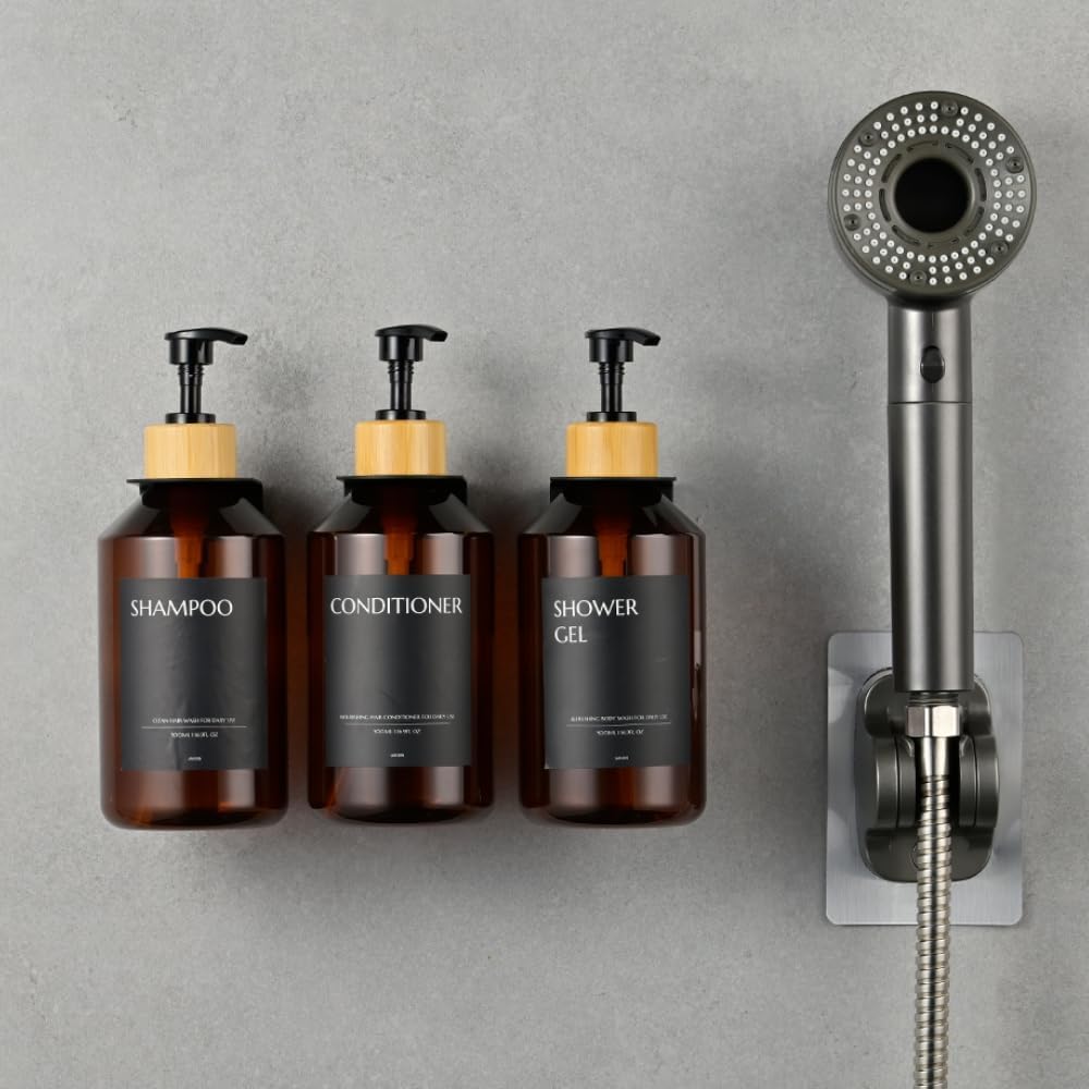 Shampoo and Conditioner Dispenser Set of 3 for Wall Mount | 16.9 fl oz Drill Free Shower Soap Bottles,Refillable Body Wash Dispensers for Bathroom Decor (Amber Bottles + Bamboo Pumps)