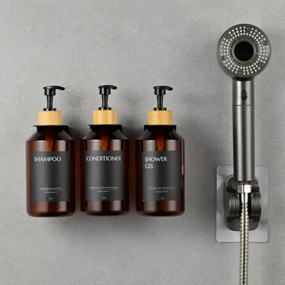 Shampoo and Conditioner Dispenser Set of 3 for Wall Mount | 16.9 fl oz Drill Free Shower Soap Bottles,Refillable Body Wash Dispensers for Bathroom Decor (Amber Bottles + Bamboo Pumps)