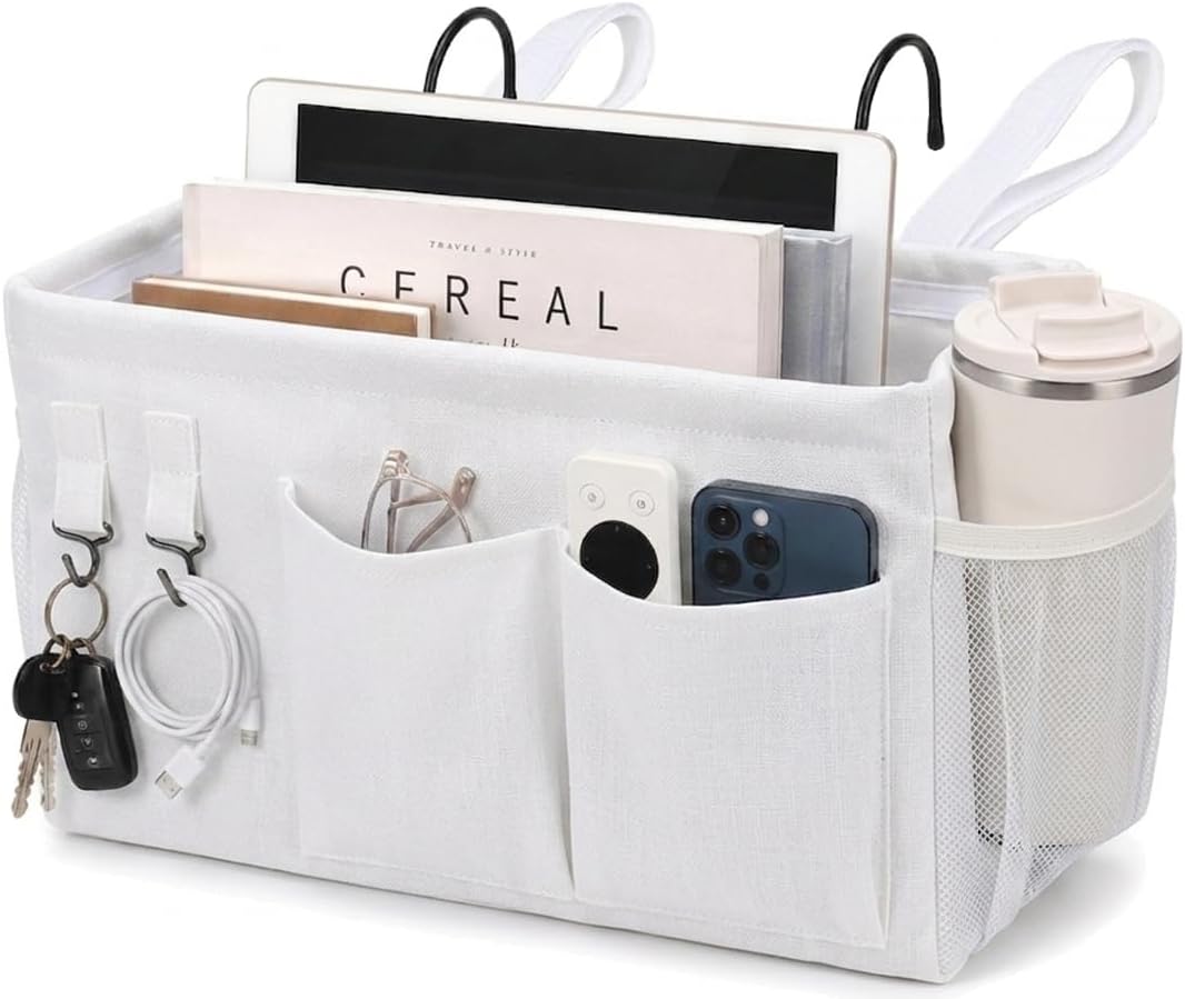 1pc Bedside Caddy Organizer with Hooks, No-Sagging Canvas Hanging Bed Pocket with Water Bottle Holder, Bedside Storage for Dorm Room Essentials, Bunk Bed Accessories, Hospital Bed Rails & Crib (pink)