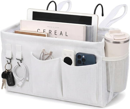 1pc Bedside Caddy Organizer with Hooks, No-Sagging Canvas Hanging Bed Pocket with Water Bottle Holder, Bedside Storage for Dorm Room Essentials, Bunk Bed Accessories, Hospital Bed Rails & Crib (pink)