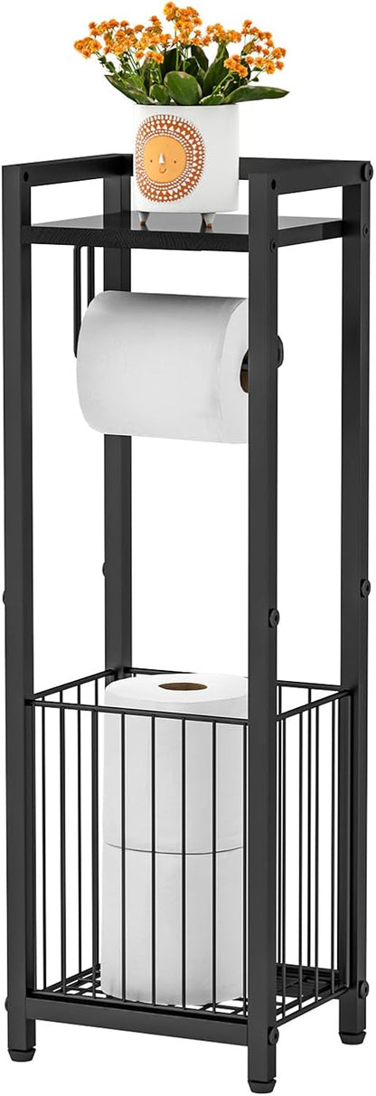 Narrow Side Toilet Paper Holder with Storage Shelf | Freestanding Roll Holder for Bathroom, Small Space, Bathroom Tissue & More