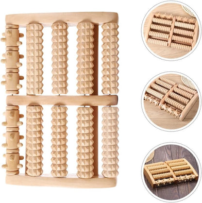 Wooden Dual Foot Massager Roller with Five Row Beads for Feet