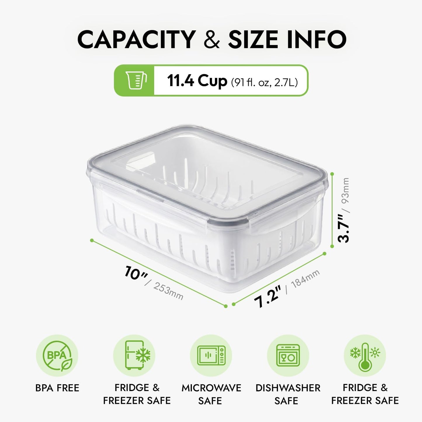 11.4 Cup Produce Saver Container for Fridge with Colander 2.7L | Airtight Fruit & Vegetable Storage Bin, Removable Strainer Basket, BPA-Free, Stackable, White Colander