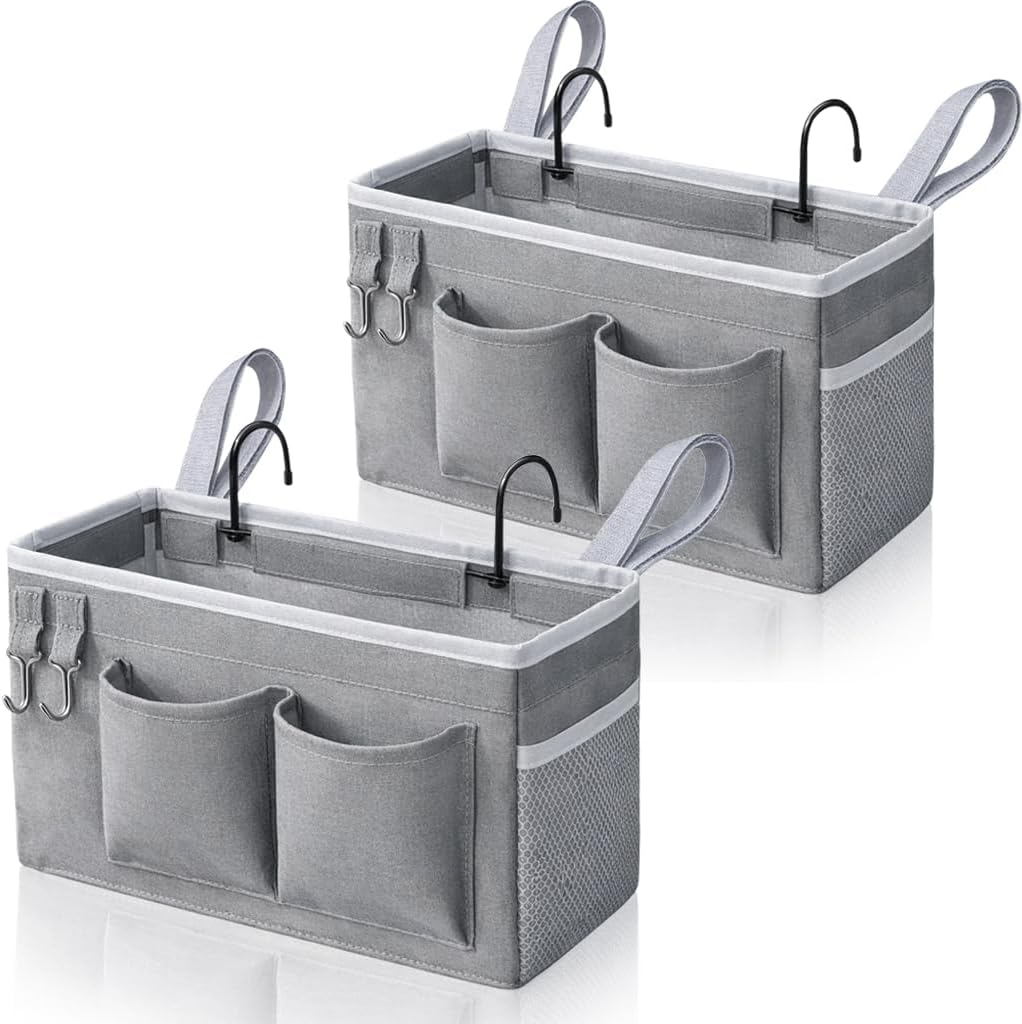 Kanrichu 1pcs Bedside Caddy Hanging Storage Bag, Organizer Baskets with Pockets for Bunk Bed Accessories, Loft & Dorm Rooms Chair Bed Rails (Grey-1pcs)