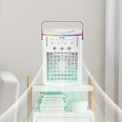 VEVOR Portable Air Conditioner, 4-in-1 Evaporative Air Cooler with Remote Control, 3-Speed Mini Air Conditioner with Timer, 3 Mist Levels, 1L Water Tank, 120° Oscillating Mini AC Fan for Desktop Home