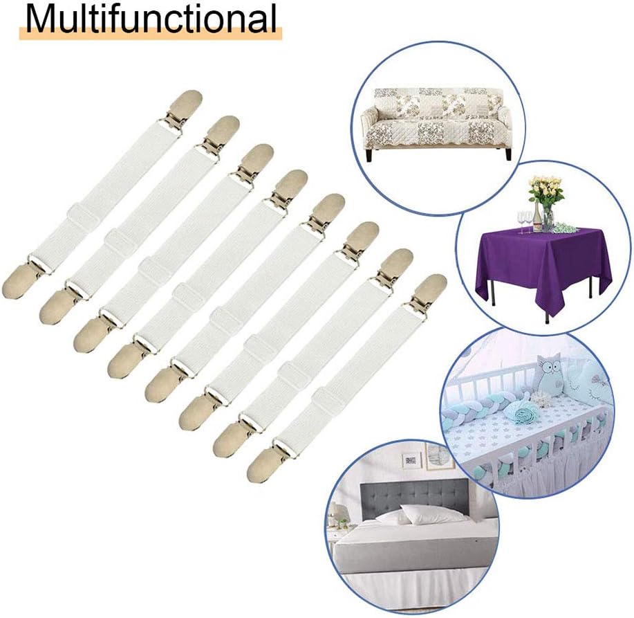 Adjustable Bed Sheet Straps Clips, Elastic Mattress Sheet Fasteners Holder and Suspenders, Grippers to Hold Sheet, Mattress, Sofa, Couch, Table Cloth, Ironing Board Cover, Black