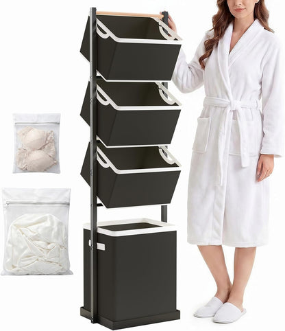 BAOKALER 4-Tier Laundry Hamper Sorter, Vertical Laundry Baskets with Wheel | Rolling Stackable Laundry Cart Removable, Organizer and Storage for Small Space, Dorm, Closet, Bathroom