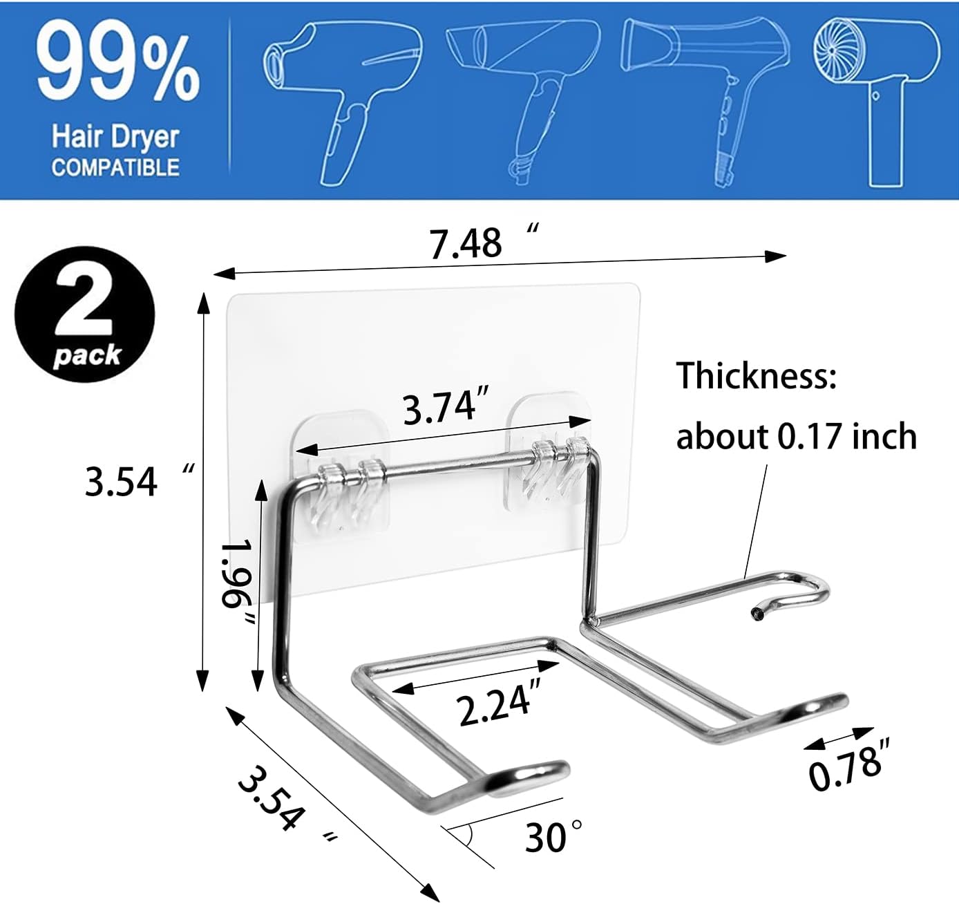 2 Pack Hair Dryer Holder, Wall Mount Self Adhesive Waterproof Blow Dryer Rack Storage Organizer Hanger, Compatible with Dyson and Most Hair Blower Appliance, Brush, Curling Iron, Straightener