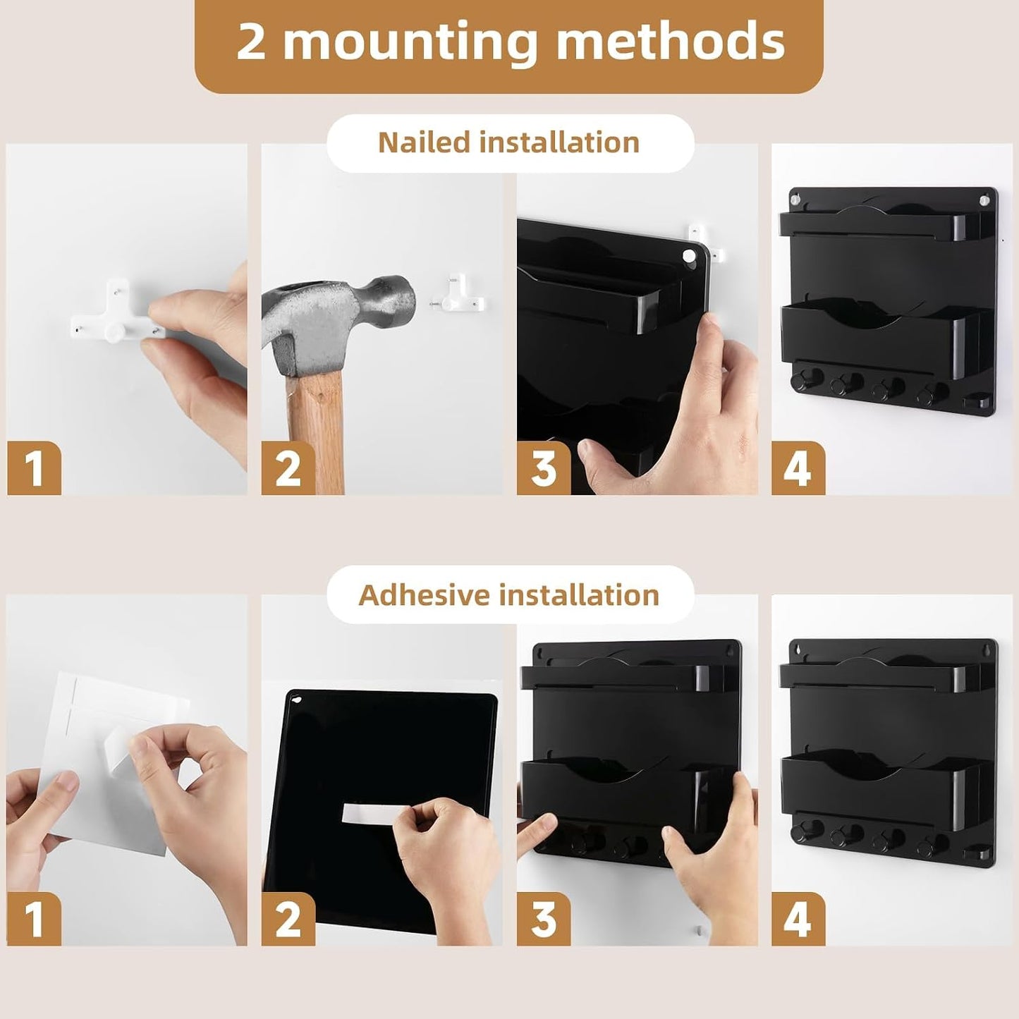 Bedside Wall Shelf with Glasses Hooks, Adhesive Bedside Organizer Wall Mount for Dorm and Room Accessories Phone，Remote，Earphone， Kindle (White)