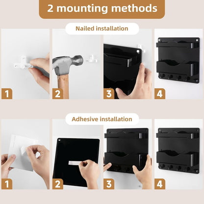 Bedside Wall Shelf with Glasses Hooks, Adhesive Bedside Organizer Wall Mount for Dorm and Room Accessories Phone，Remote，Earphone， Kindle (White)
