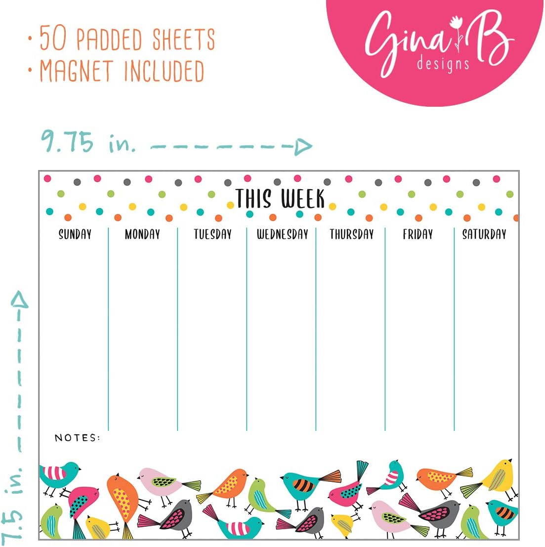 Weekly Calendar Planner Note Pad - Bright Birds with Attachable Magnet