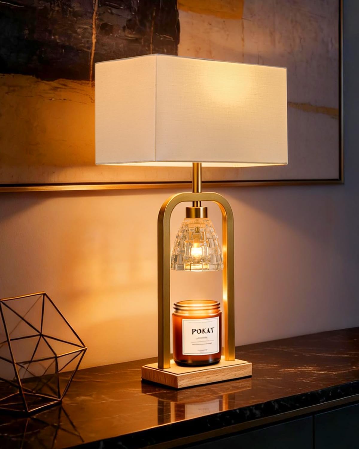 PoKat Gold Table Lamp Candle Warmer, Candle Warmer Lamp with Timer Dimmer, Wax Light Warming Table Lamp for Jar Candles, Modern Bedside Lamp for House Warming Home Decor Living Room, Bulb Included
