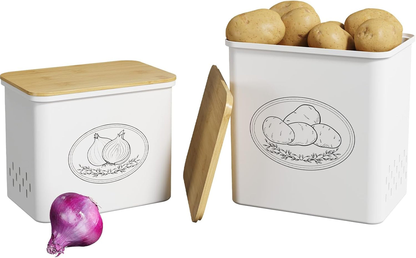 Lifewit Plastic Potato and Onion Storage Bin Box, Set of 3, White | Stackable Garlic Keeper, Vegetable Container Box, Aerating Holes & Lid for Pantry Countertop