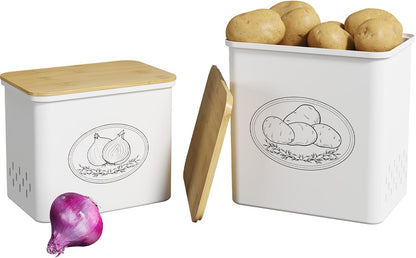 Lifewit Plastic Potato and Onion Storage Bin Box, Set of 3, White | Stackable Garlic Keeper, Vegetable Container Box, Aerating Holes & Lid for Pantry Countertop