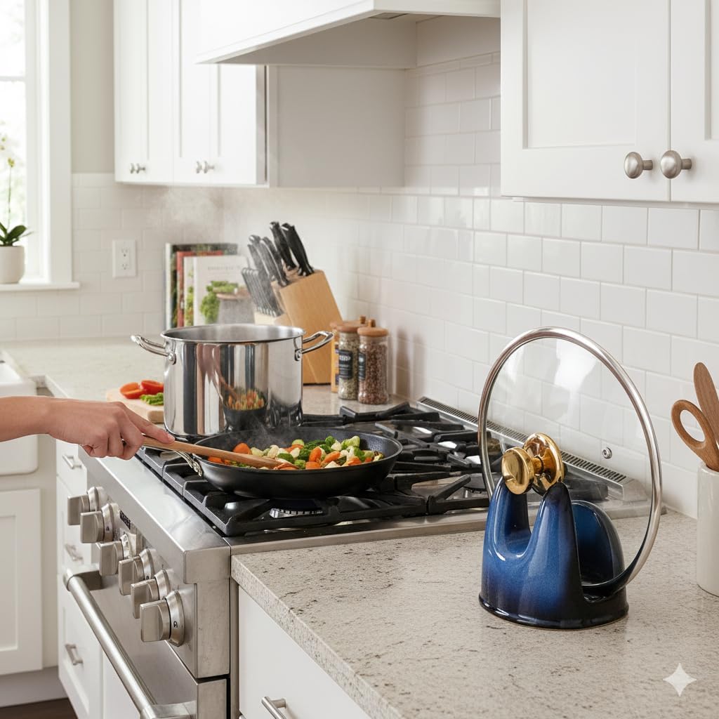 Nihow Ceramic Pot Lid Holder While Cooking for Kitchen Counter/Stove Top | Blue,Stable, Dishwasher Safe, Keep Counter Top Tidy and Clean,Water Proof,Saving Space,Heat Resistant