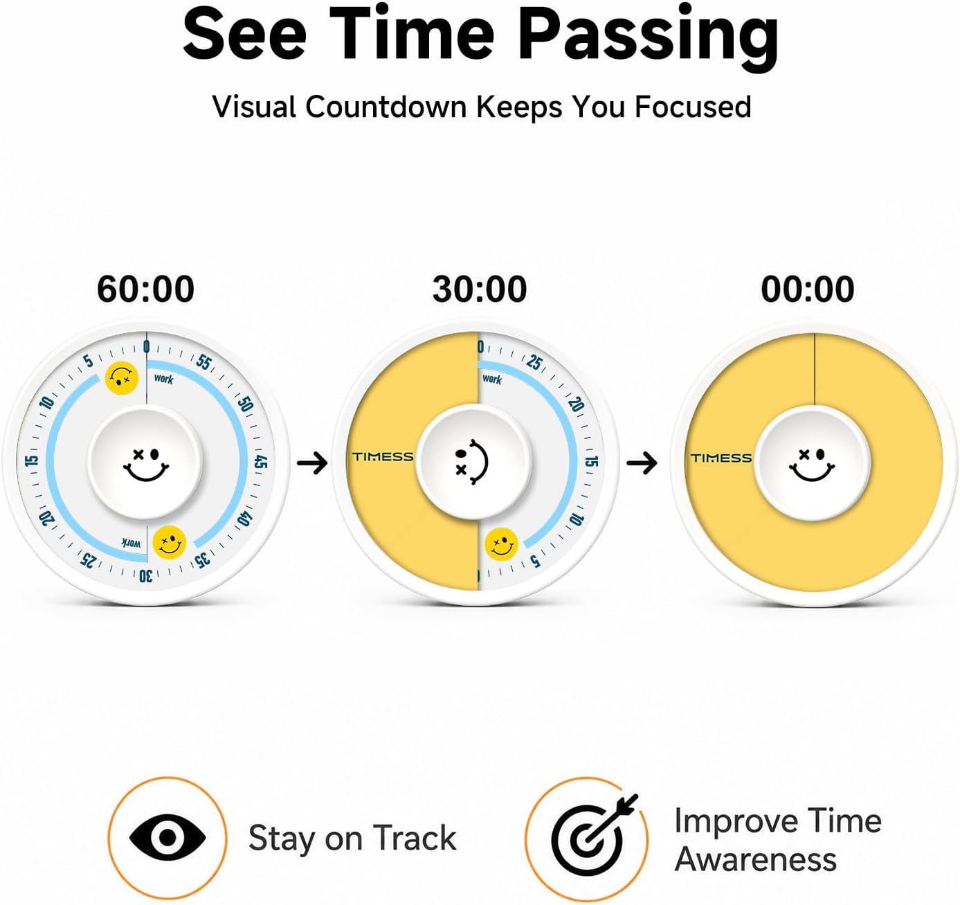 60-Minute Visual Timer, Twist to Set, Loud Battery-Powered Alarm, Minimalist Rotary Countdown Dial for Office, Study, Work & Home Time Management (Black)