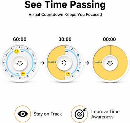 60-Minute Visual Timer, Twist to Set, Loud Battery-Powered Alarm, Minimalist Rotary Countdown Dial for Office, Study, Work & Home Time Management (Black)