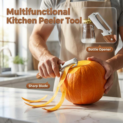 Multi-Functional Stainless Steel Thickened Fruit Peeler Knife, 2026 New 3 in 1 Stainless Steel Blade Peeler for Kitchen with Wooden Handle and Bottle Opener for Vegetable & Fruit (MIX, 2PCS)