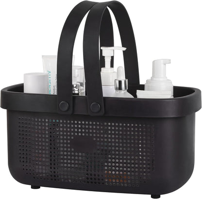 JiatuA Plastic Storage Basket with Handle Portable Shower Caddy Tote Organizer Basket Bin for Bathroom Kitchen Dorm Room Bedroom, Green | Sturdy Drainage Large Capacity Organizer Basket with Silicone Handles for Bathroom Kitchen Bedroom College Dorm